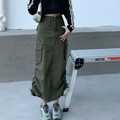 lovwvol  -  Retro Long Skirts Drawstring Cargo Denim Skirts Gray Autumn Pocket Asymmetrical Bodycon Midi Skirts Women Green Y2K Streetwear