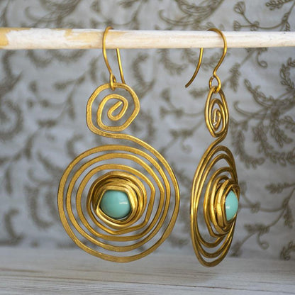 Ethnic Round Blue Green Stone Hook Earrings for Women Bohemian Jewelry Gold Color Metal Spiral Dangle Earrings Gift