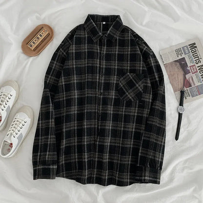 Women Shirt Plaid Oversize Turn-down Collar Leisure Fashion Loose All-match Womens Long Sleeves Soft Chic Korean Style Tops polo