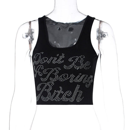 lovwvol Sequined Letter Print Sleeveless Sexy Crop Top Summer WOmen Fashion Streetwear Tank Top Y2K Tees