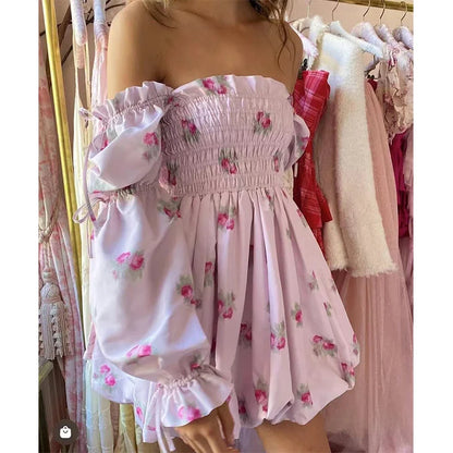 lovwvol Sweet Pink Floral Print Satin Sexy Off Shoulder Dress Women Long Sleeve Holiday Party Mini Dresses Princess Fairy Robe