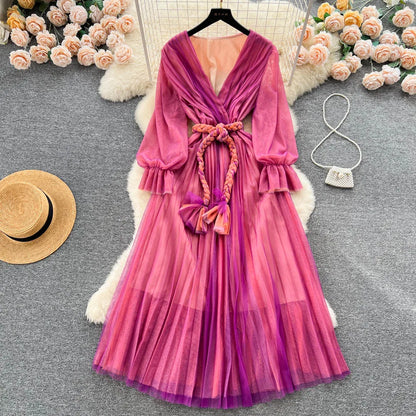 lovwvol Women's Fashion France Vintage Pleated Long Dress Summer Autumn Sexy V-Neck Lace Up Party Runway Vestidos Female Elegant Robe