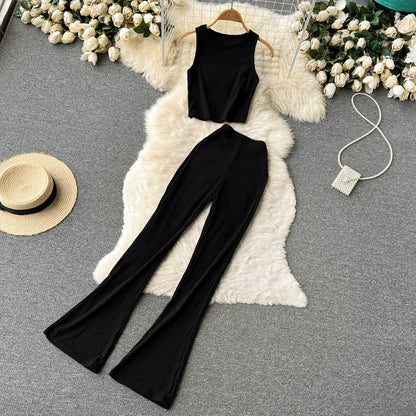 lovwvol Women Casual Pants Set Fashion Bodycon Slim Short Tank Top +Striped Wide Legs Long Pants Solid Summer Two Piece Suit