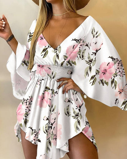 Asymmetric Batwing Sleeve Feather Print Dress