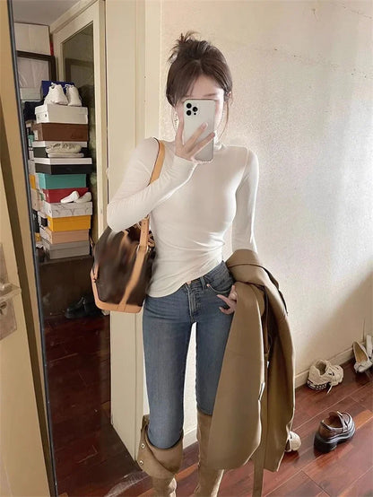 lovwvol White Long Sleeve Slim Basic Women's T-shirts Solid Color Fashion High Collar Simple Slight Stretch Chic Female Blouses