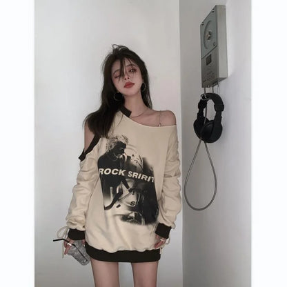 lovwvol Vintage Sweatshirt Y2k Aesthetic Off The Shoulder Harajuku Hip Hop Grunge Pullover Choker Graphic Hoodies Oversized