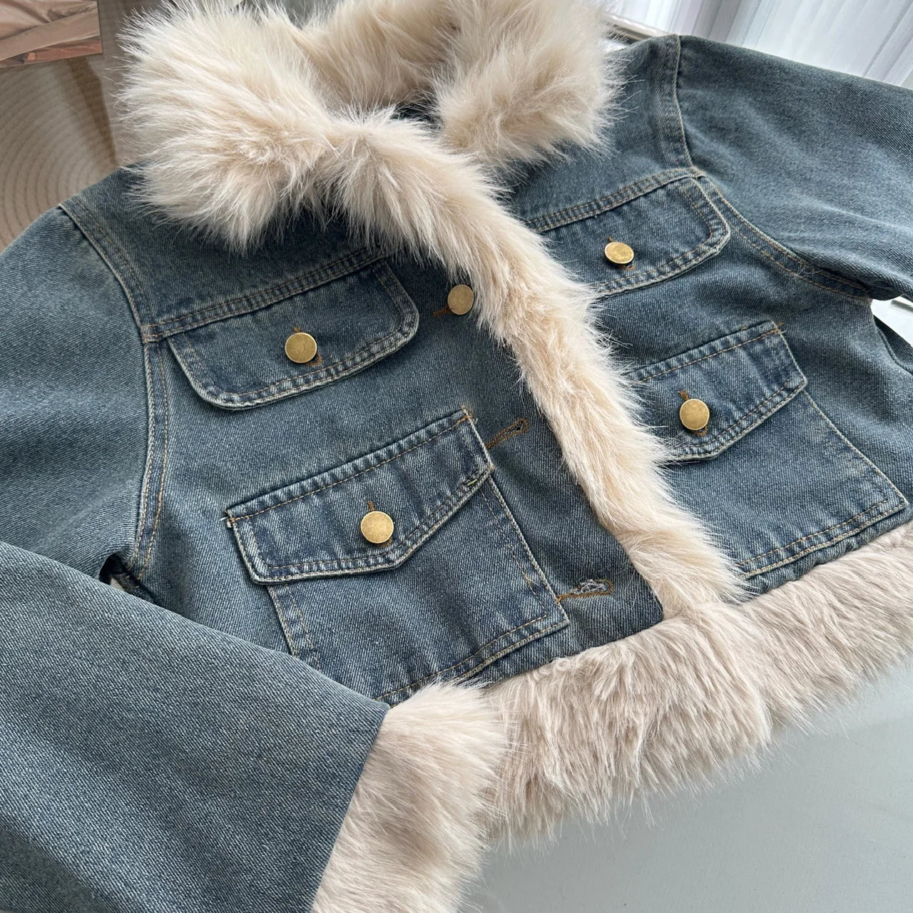 lovwvol Blue Denim Faux Fur Short Skirt Suit for Women Autumn Winter New Fashion 2-piece Set Fur Brim Style Jacket Tops+Mini Skirts