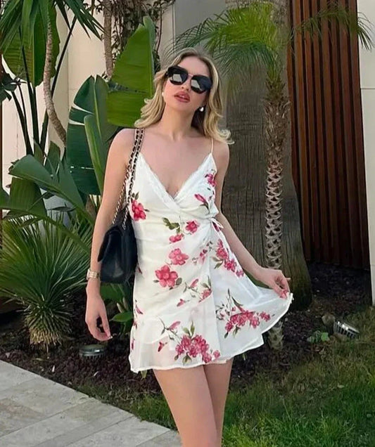 lovwvol Woman New Fashion Summer Dresses White Print V-Neck Sleeveless Backless Lace-Up Decoration Female Beach Style Mini Dress