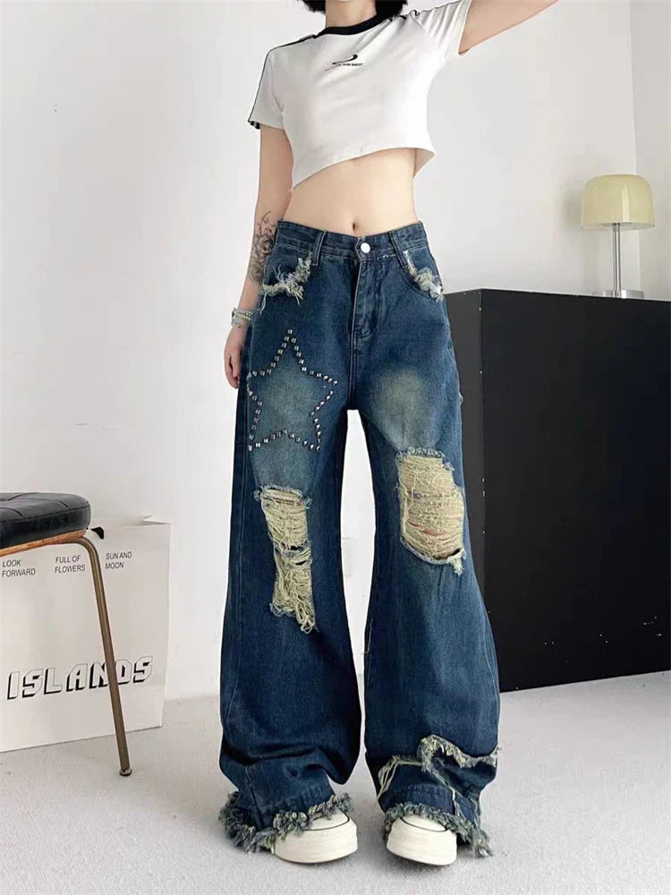 lovwvol Women's Broken Hole Tassel Star Jeans Young Girl Straight Denim Trousers Vintage Street Style Bottoms Female High Waisted Pants