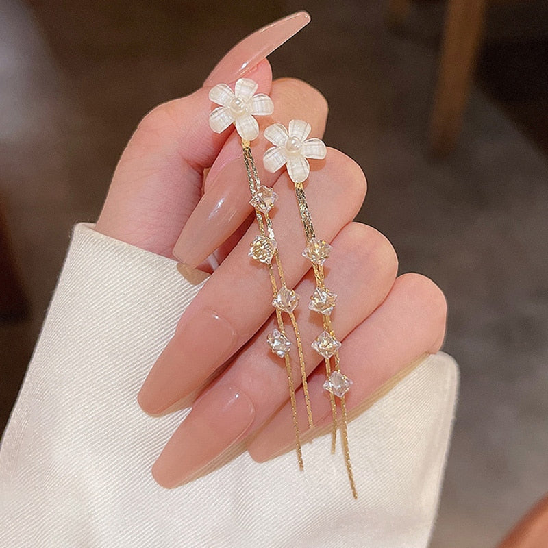 Exquisite Opal Flower Earrings For Women Rhinestone Long Tassel Zircon Earring Girls Wedding Party Temperament Jewelry New