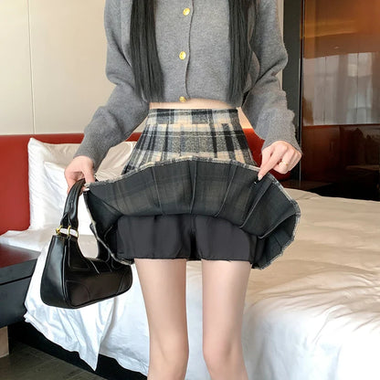 lovwvol Preppy Style Winter Plaid Vintage Pleated Mini Wool Skirt For Women High Waist Thicken Casual School Cute Short Skirt Female