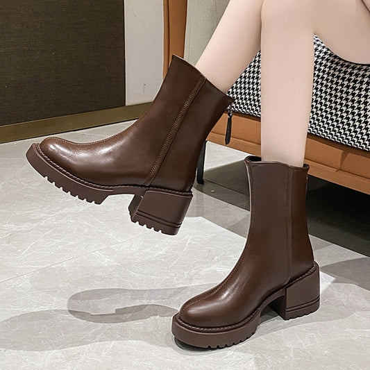 British Style High Heels Cowboy Boots Women Autumn Pu Leather Platform Ankle Boots Woman Back Zipper Thick Heeled Botas