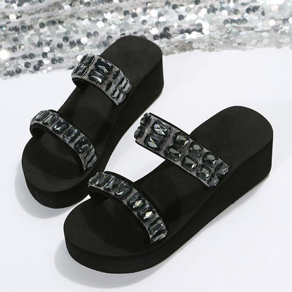 Shiny Crystal Wedges Slippers Women Summer 2023 Thick Soled Beach Sandals Woman Outdoor Slides Plus Size 42 Platform Flip Flops