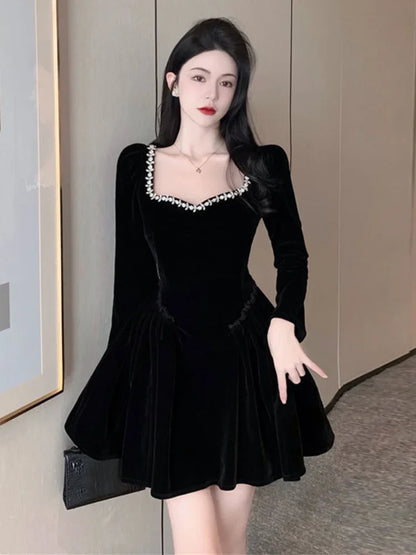 lovwvol QWEEK Vintage Elegant Black Party Dresses Evening Retro Velvet Tepmweament Wrap Slim Mini Short Dress Square Collar