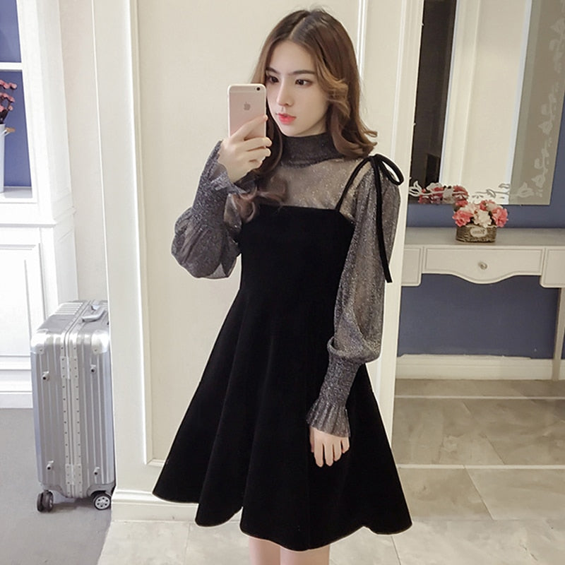 Spring New Elegant Two Piece Dress for Women Women Winter Korean A-Line O-Neck Tops and Black Sundress Streetwear Dress Vestidos