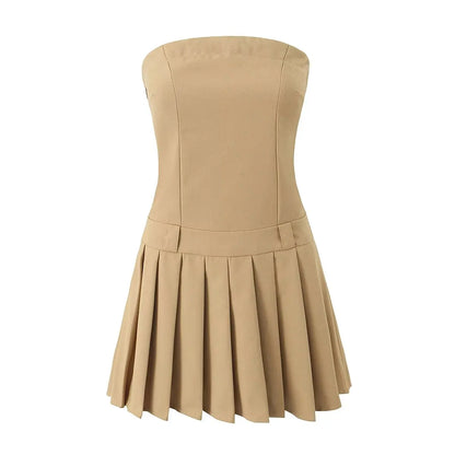 lovwvol New 2024 Women Sexy Strapless Mini Dress Slim Low Waist Pleated Hem A-line Party Robe