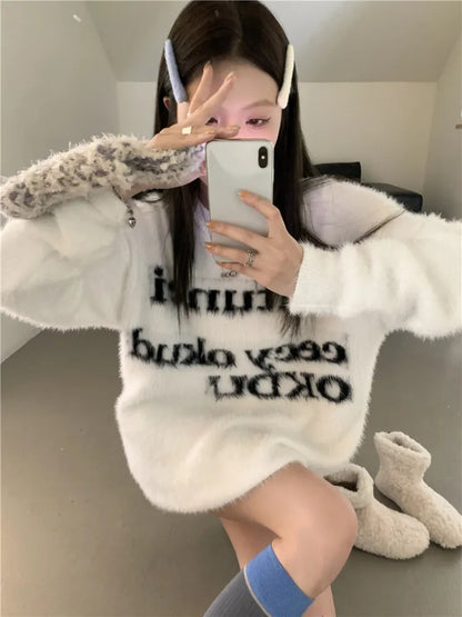 lovwvol Gentle Wind Vintage Sweater Soft Waxy Y2k Womens Clothing Letter Jacquard Round Neck Mink Hair Mid-length Pullovers Top