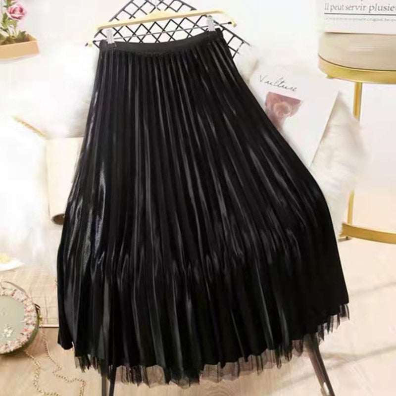 lovwvol Both Sides Wear Pearls Mesh Skirt Women Summer Velvet High Waist Long Skirts Woman Solid Color A Line Pleated Skirts