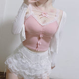 lovwvol Pink Crop Top Women Summer Cute Y2k Tops Lace Trim Bow Decoration Slim Camis Sweet Girl Lolita Style Aesthetic Kawaii Clothes