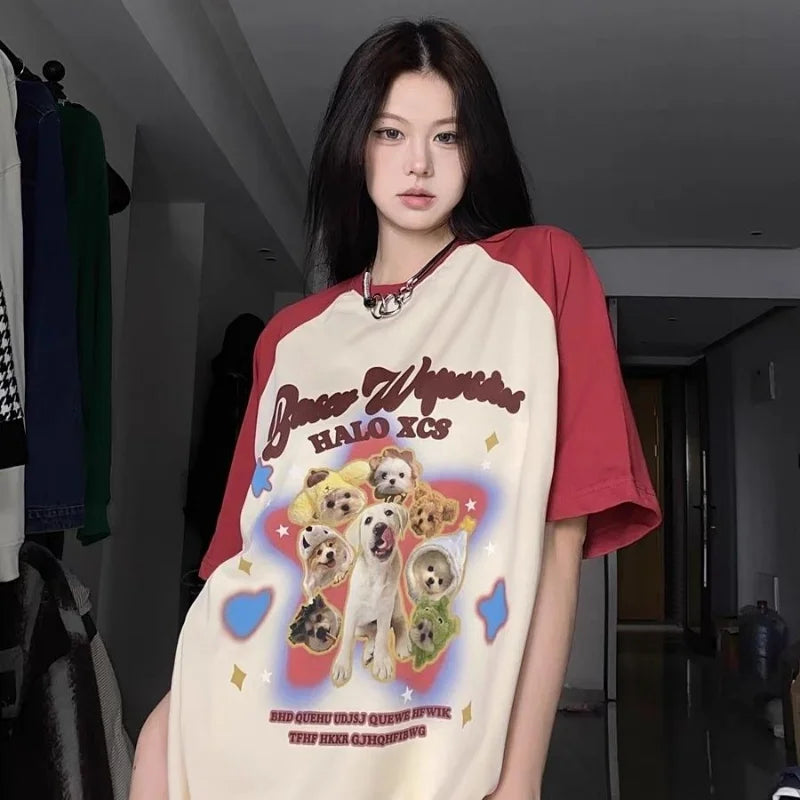 lovwvol Star Dog Printed Contrast Color Short Sleeve Tee Shirt Harajuku Streetwear Casual Oversized Tshirt 2024 Summer All-match Y2k Top