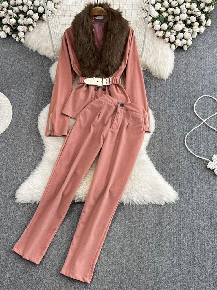 Winter Fashion Women Two Piece Set Elegant Casual Long Sleeve Top and Pants Outfits Femme Vintage Jackets Suit Warm Clothes New