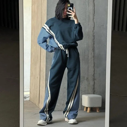 lovwvol  -  New Autumn Winter Casual Blue Patchwork Sets Women 2 Pieces O-Neck Long Sleeve Blouse Drawstring Straight Sweatpants Suit