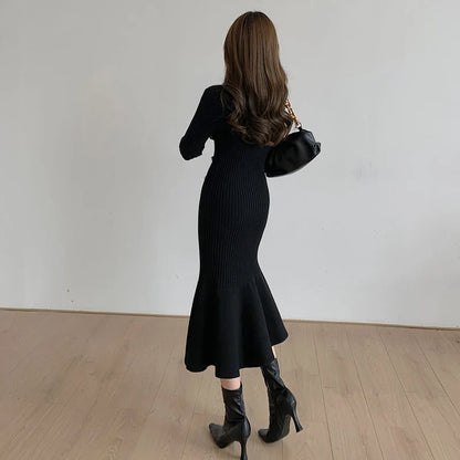 lovwvol Vintage Midi Dresses for Women Clothing Long Sleeve Elegant Button Warm Trumpet Mermaid Knitted Sweater Bodycon Dress Winter New