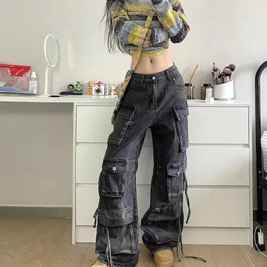 lovwvol New American Multi-pocket Overalls Female Y2K Fashion Trend High Street Retro Heavy Industry Loose Casual Wide-leg Jeans