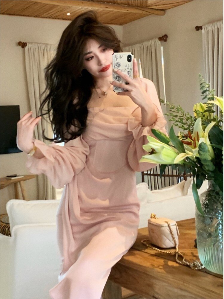 Women Elegant Bodycon Midi Party Dress Long Sleeve Vintage Casual Solid Evening Vestidos Femme Fashion Slim Robe