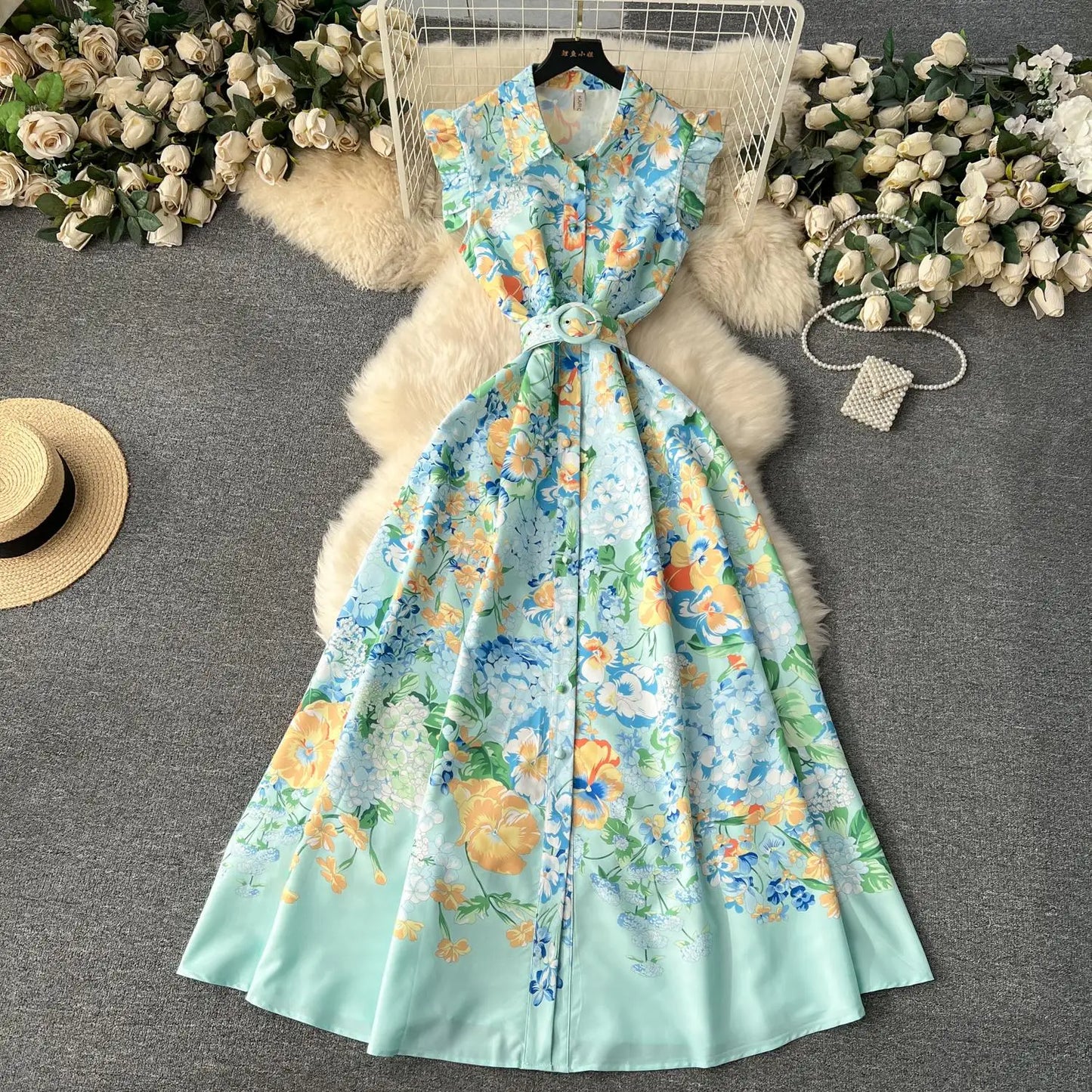 lovwvol New Fashion 2024 Summer Holiday Long Dress Women's Gorgeous Sleeveless Turn Down Neck Floral Print Belt Robe Beach Vestidos