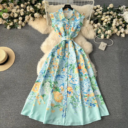 lovwvol New Fashion 2024 Summer Holiday Long Dress Women's Gorgeous Sleeveless Turn Down Neck Floral Print Belt Robe Beach Vestidos