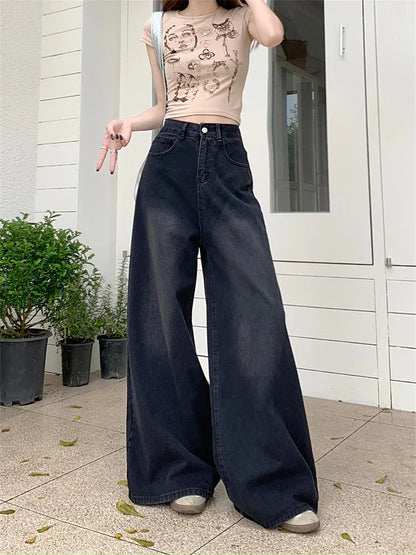 lovwvol Women's High Waisted Loose Wide Leg Pants Retro Black Jeans American Style Bottoms Casual Female Thin Denim Trousers 4XL