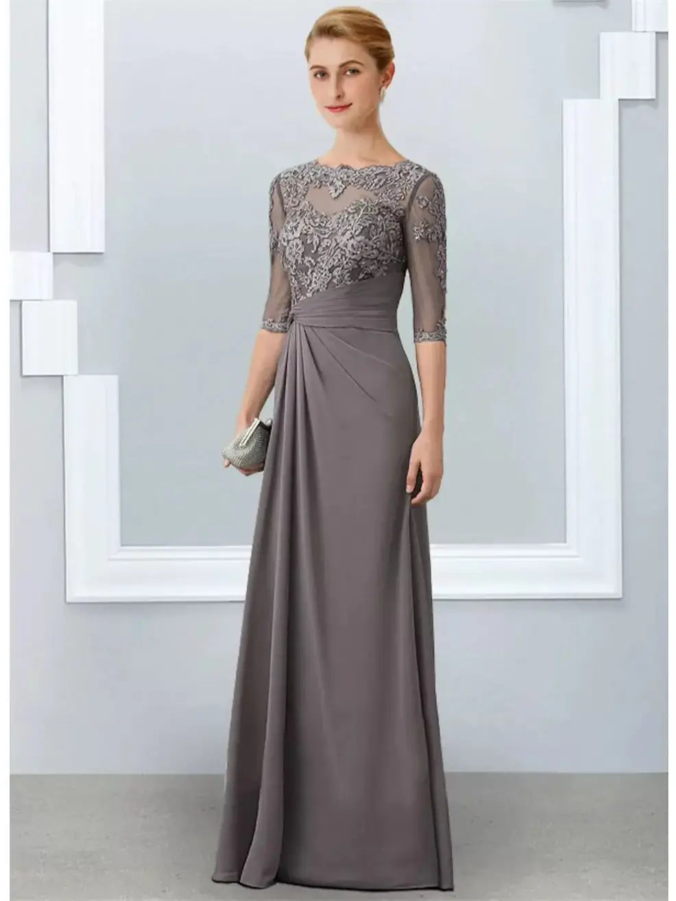 A-line Gray Mother of the Bride Dress Elegant Jewel Neck Floor Length Chiffon Half Sleeves Appliques Lace Wedding Party Gowns