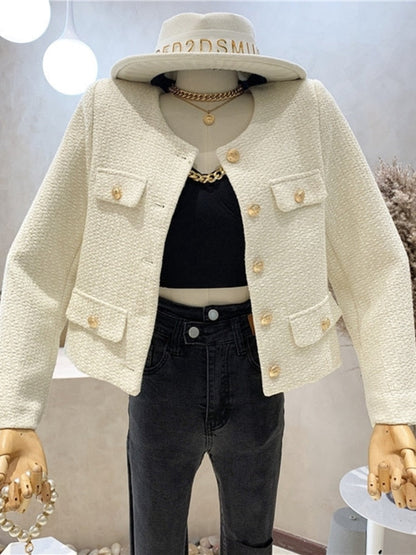 Autumn Winter Small Fragrant Tweed Jacket Coat Women Vintage Woolen Short Coats Streetwear Elegant Casual Slim Outwear Crop Top