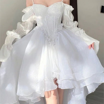 Spring Elegant White Off Shoulder Fairy Dress Chic Princess Puff Dress Mesh Puff Dress Wedding Party Porm Dress