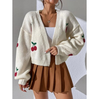 lovwvol lovwvol Spring  Autumn Jacquard Sweater 2023 New Outerwear Loose Casual Knitted Cardigan Cherry Pattern Cute Short Knitted Jacket