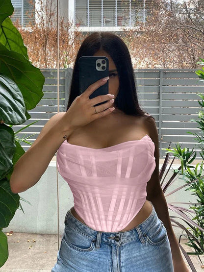 Sleeveless Fashion Strapless Bustier Corset Crop Tops Female Mesh Backless White Women Tops Zipper Summer