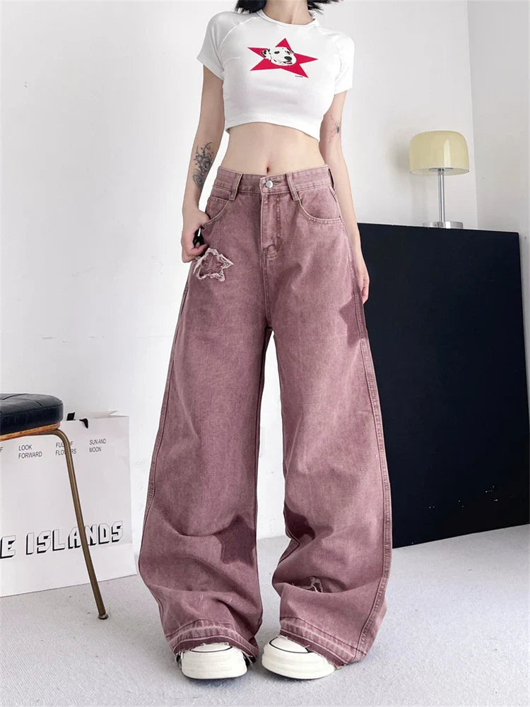 lovwvol Women's Star Print Patch Design Jeans Summer Vintage Street Style Denim Trousers Young Girl Bottoms Female High Waisted Pants