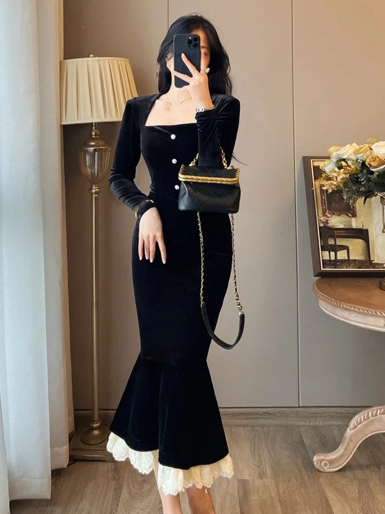 Vintage Bodycon Velvet Mermaid Party Dresses for Women Elegant Lace Patchwork Evening Prom Vestidos Female Autumn Spring Clothes