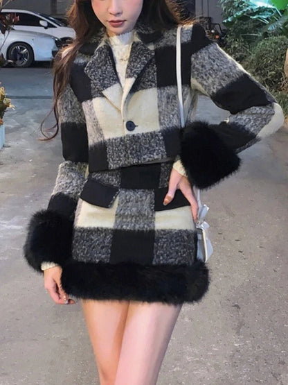 lovwvol Plaid Knitted Suit Woman Korean 2 Piece Dress Set 2024 Winter Vintage Fashion Tops Cardigan + Slim Bodycon Y2k Mini Skirt Chic