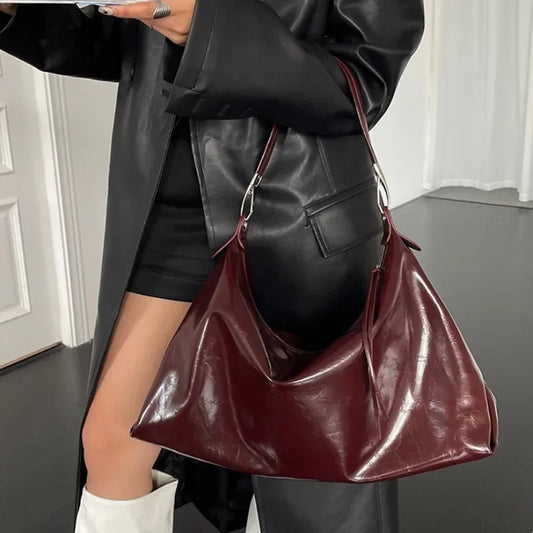 Burgundy Womens Tote Bag Aesthetic Vintage Fashion Advanced Leather Shoulder Bag Autumn and Winter Large Capacity Handbag