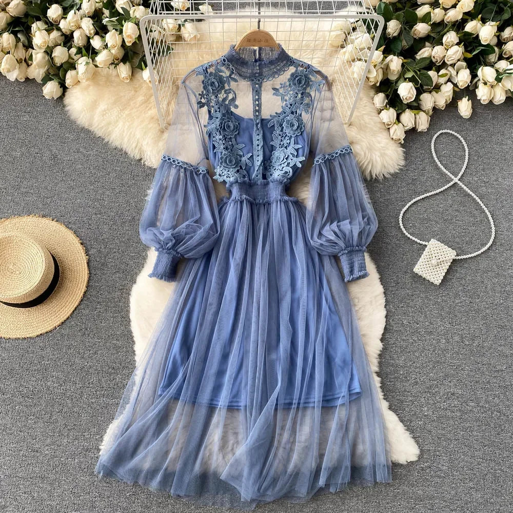 Ladies Dress Three-dimensional Flower Hook Mesh Temperament Stand Collar Lantern Sleeve High Waist Slim Female Dresses