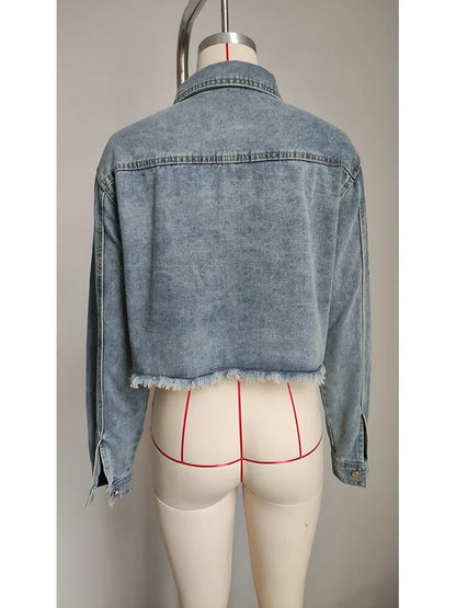 lovwvol   Single Breasted Raw Hem Crop Denim Jacket Women Vintage Streetwear Long Sleeve Jean Coat Female Casual Spring New 2024