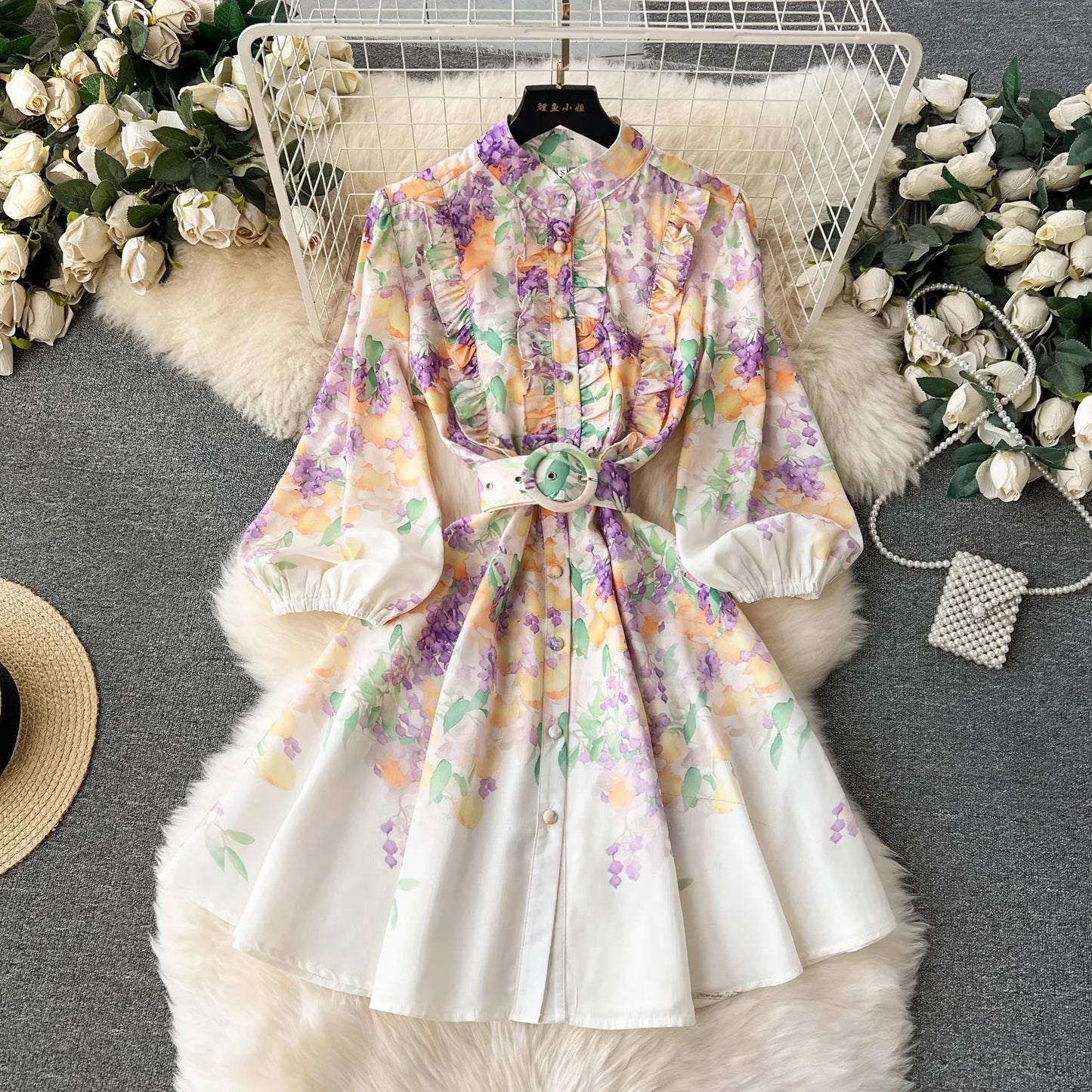 lovwvol Summer Holiday Linen Dress Women Clothing Stand Ruffles Long Lantern Sleeve Flower Print Single Breasted Belt Mini Vestidos