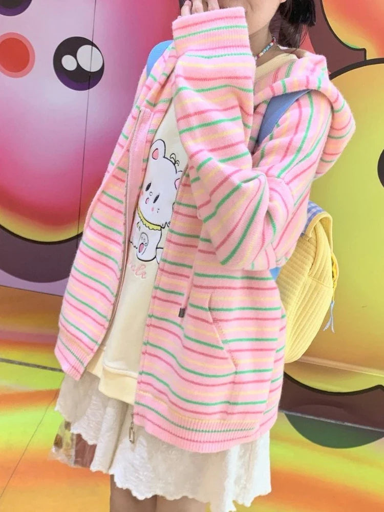 Kawaii Sweet Harajuku Knitted Cardigan Japanese Fashion Y2k Striped Cute Cartoon Embroidery Sweater Soft Gril  Chic