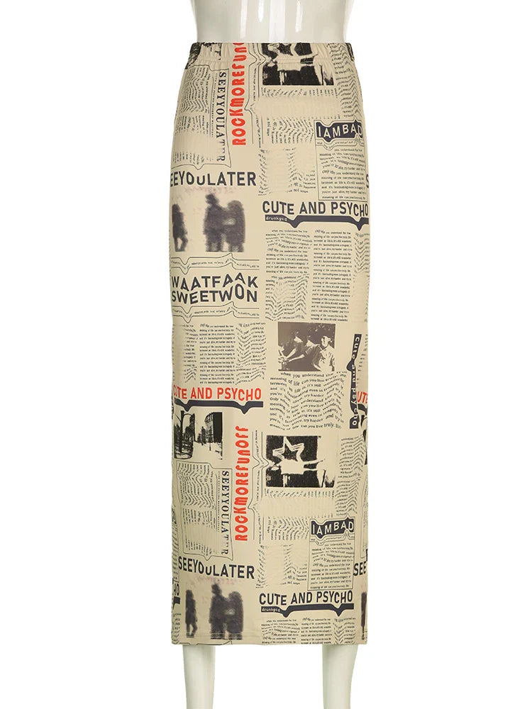 Vintage Newspaper Letter Print High Waist Long Skirt Women Distressed Harajuku Slim Pencil Skirts Aesthetic Y2K Chic