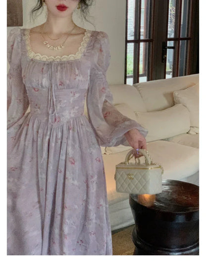 lovwvol French Elegant Square Neck Chiffon Dress for Women Summer Evening Party Long Sleeve Female Dress Casual Fashion Midi Dress