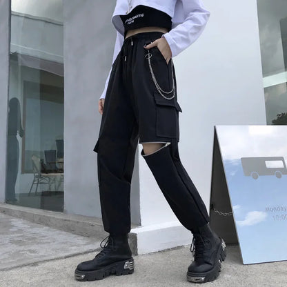 Fashion Jogger 3 Piece Sets Women New High Waist Cargo Pants with Chain Streetwear Casual Hip Hop Long Sleeve Crop Tops