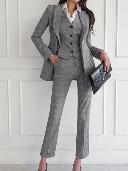 New Fashion Office Lady 3 Piece Blazer Suit Women Business Formal Outfits Vintage Notched Lapel Jackets Button Vest Pants Set