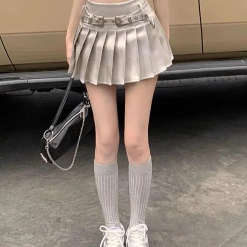 lovwvol  -  High Street Hot Sexy Girl Silver Shiny Short Pleated Skirt Summer A-line PU Leather Skirt with Belt Female Clothes